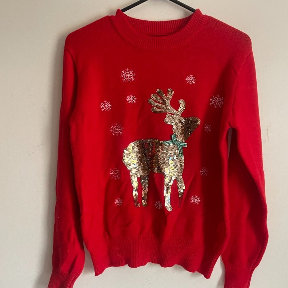 Ugly Christmas Sweater – Red Sequin Reindeer